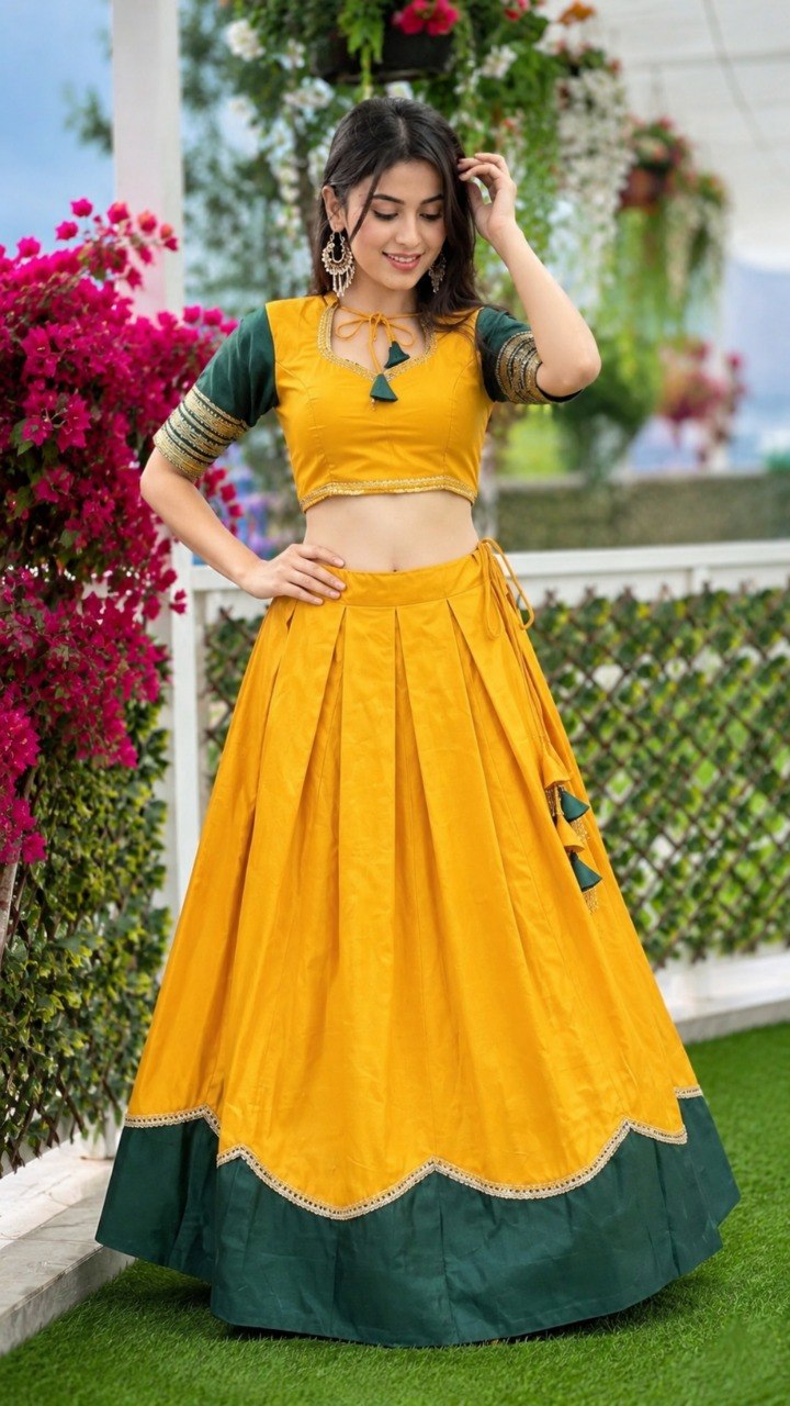 Mustard yellow and green pure rayon Navratri lehenga choli with sequins lace and latkans
