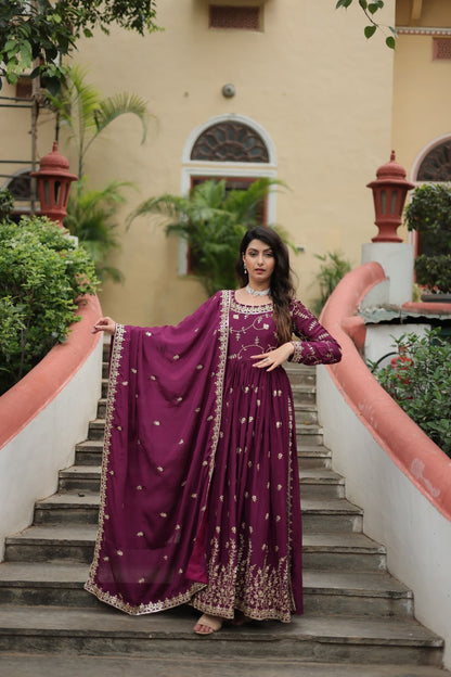 Wine Color Chinon With Rich Sequins Embroidered Work Sharara Suit