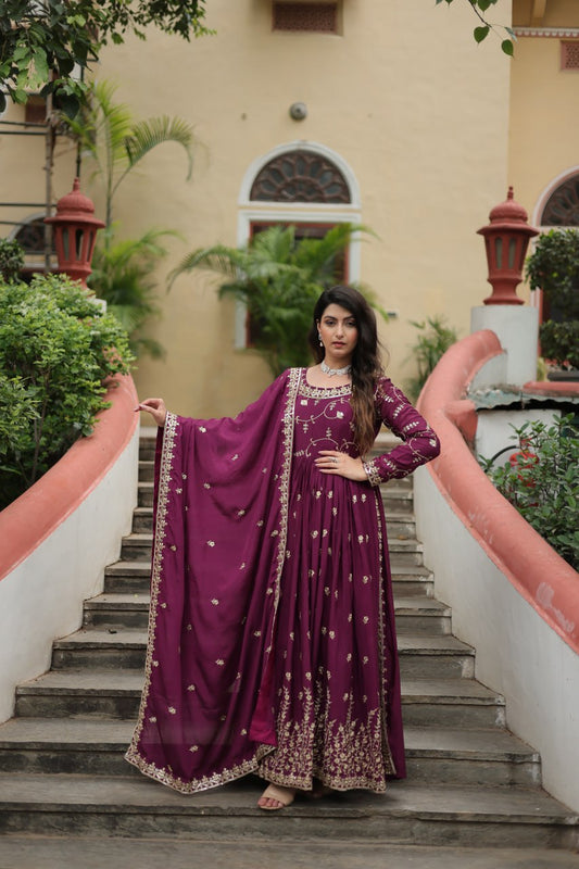 Wine Color Chinon With Rich Sequins Embroidered Work Sharara Suit