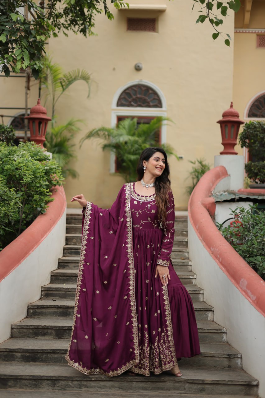 Wine Color Chinon With Rich Sequins Embroidered Work Sharara Suit