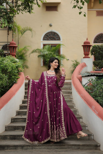 Wine Color Chinon With Rich Sequins Embroidered Work Sharara Suit