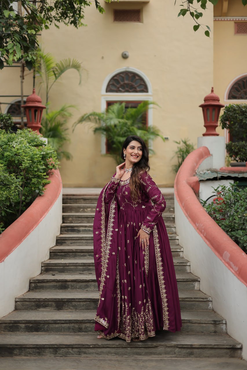 Wine Color Chinon With Rich Sequins Embroidered Work Sharara Suit