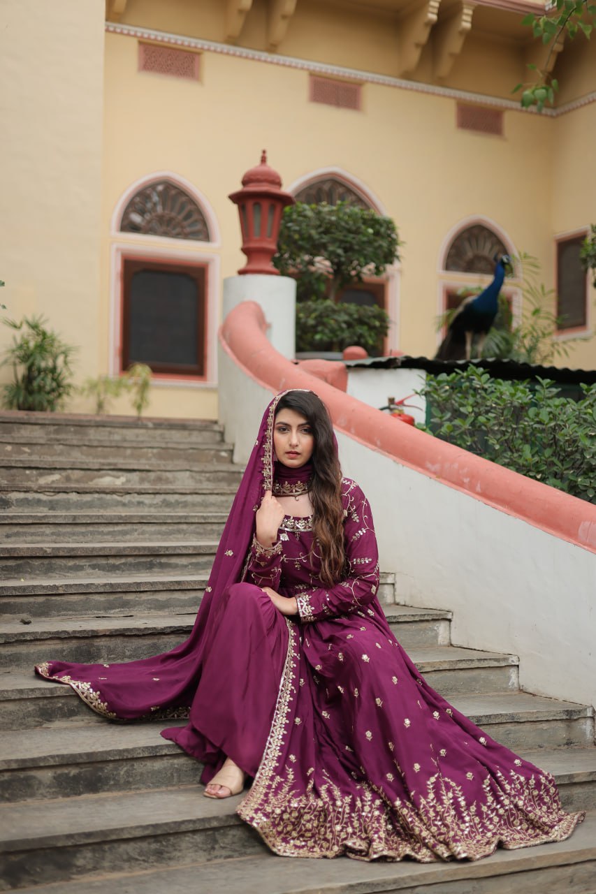 Wine Color Chinon With Rich Sequins Embroidered Work Sharara Suit