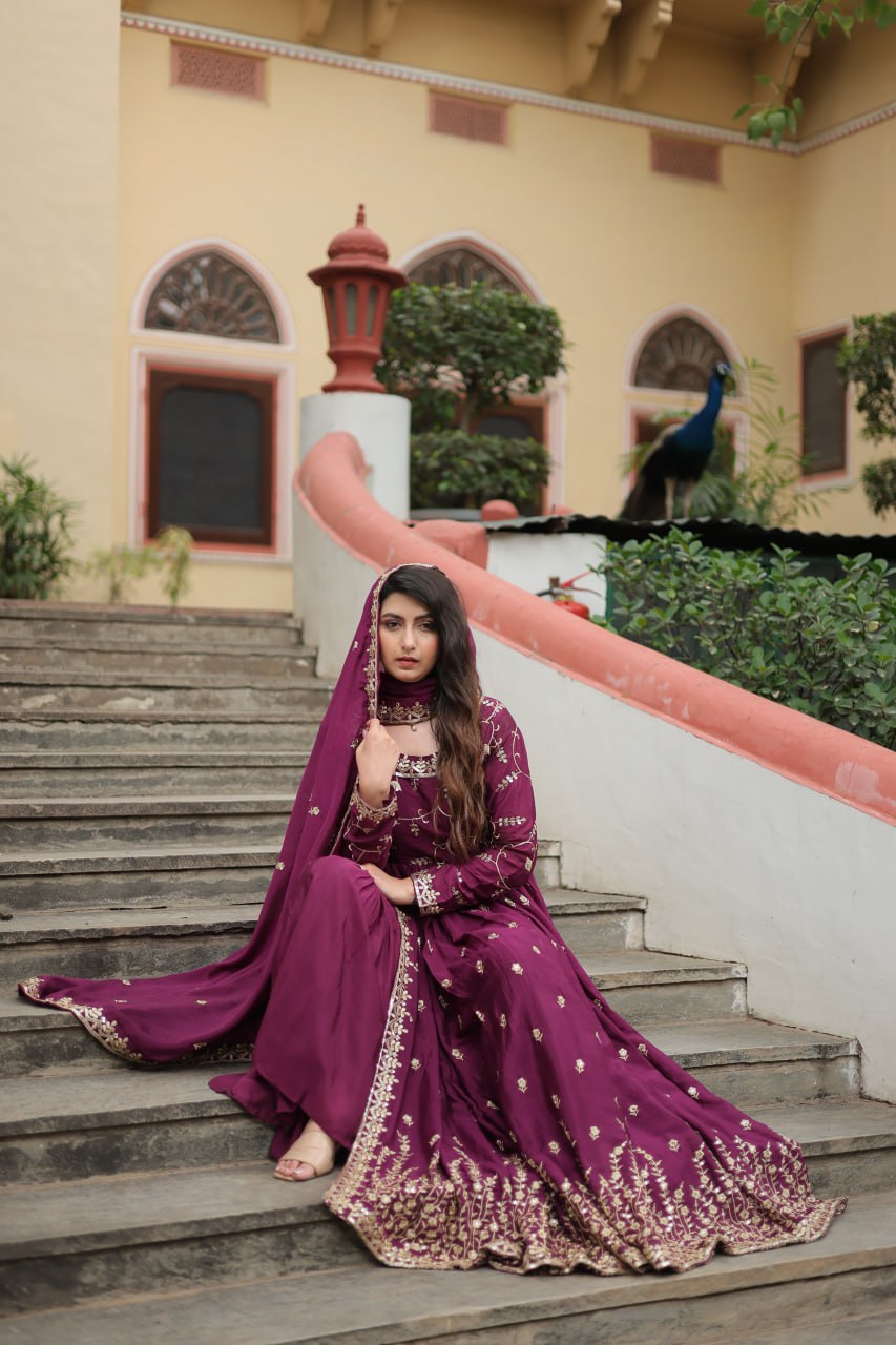 Wine Color Chinon With Rich Sequins Embroidered Work Sharara Suit