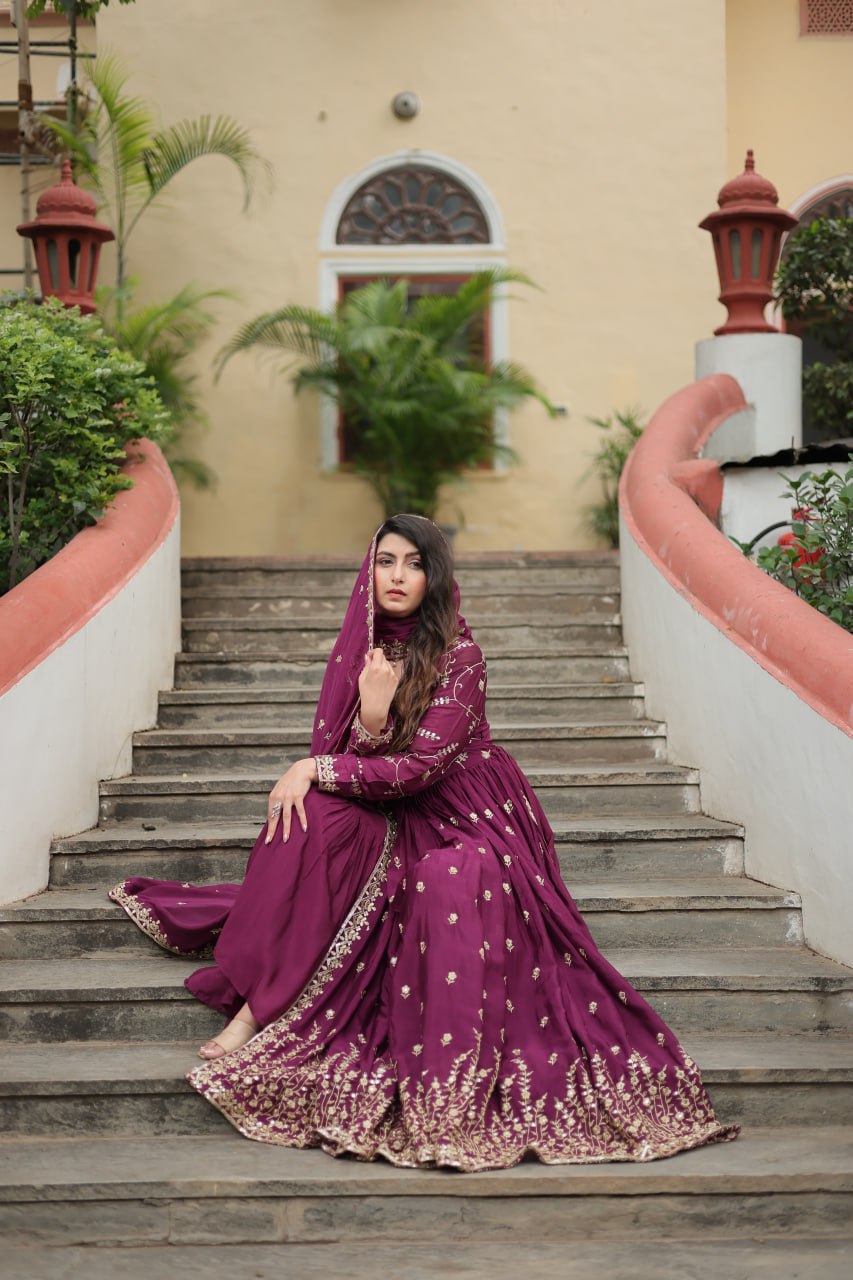 Wine Color Chinon With Rich Sequins Embroidered Work Sharara Suit