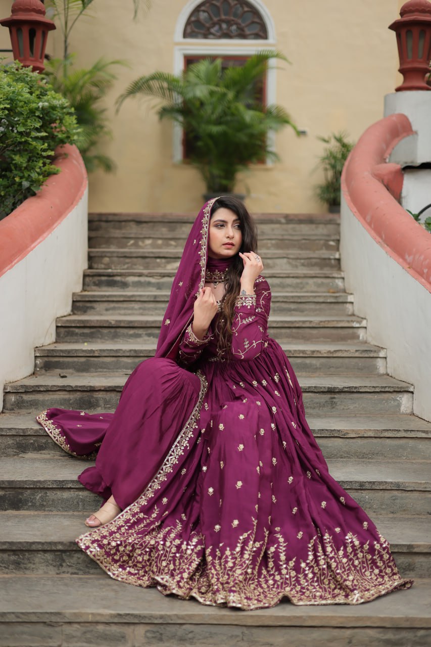 Wine Color Chinon With Rich Sequins Embroidered Work Sharara Suit