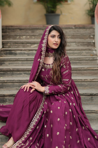 Wine Color Chinon With Rich Sequins Embroidered Work Sharara Suit