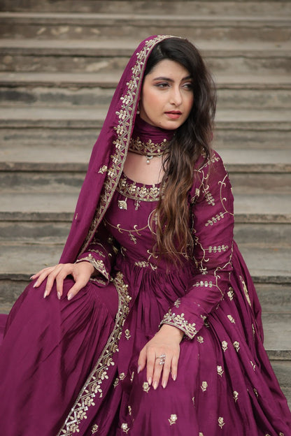 Wine Color Chinon With Rich Sequins Embroidered Work Sharara Suit