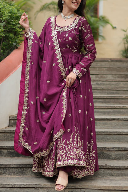 Wine Color Chinon With Rich Sequins Embroidered Work Sharara Suit