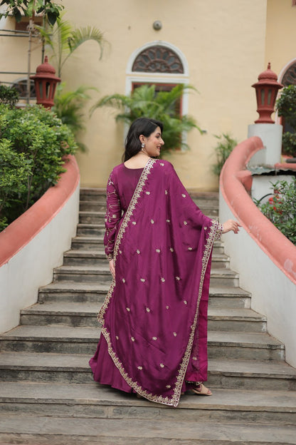 Wine Color Chinon With Rich Sequins Embroidered Work Sharara Suit