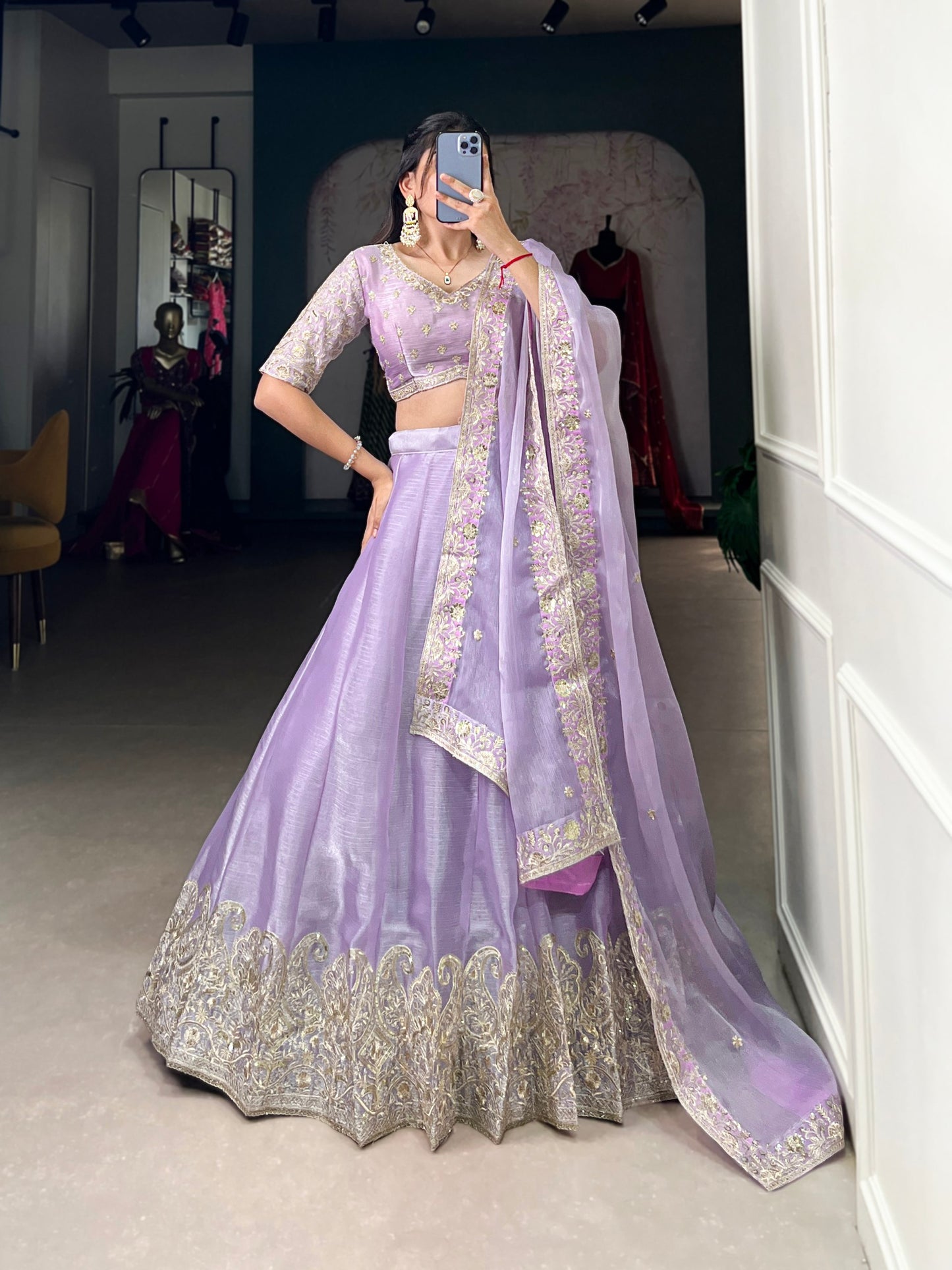 Lavender Burberry Silk Sequins Embroidery Work Lace Border With Sequins Lehenga