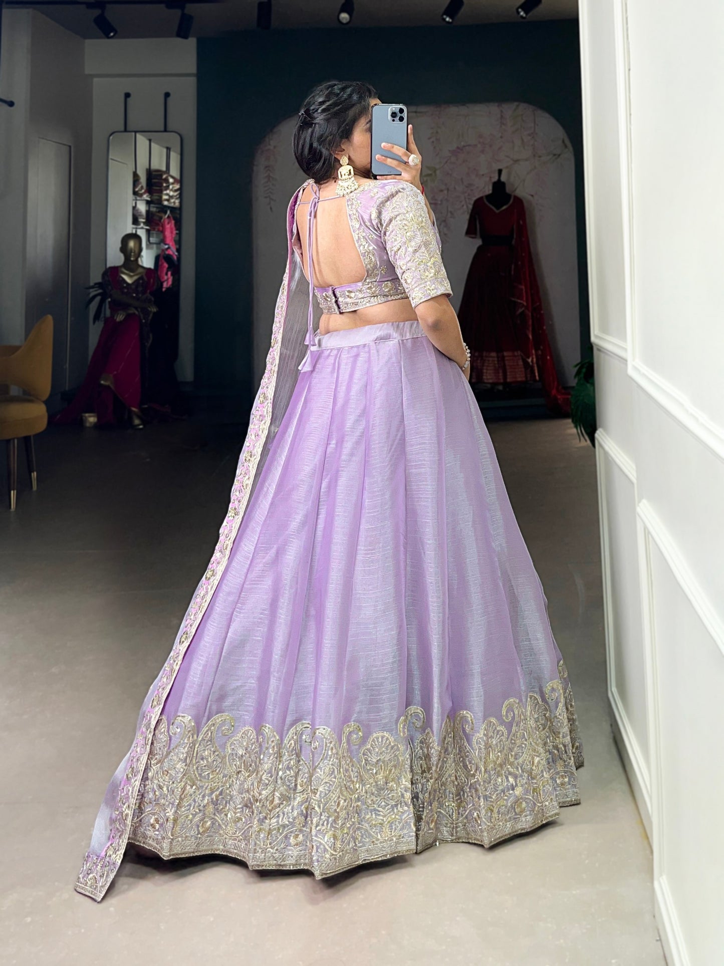 Lavender Burberry Silk Sequins Embroidery Work Lace Border With Sequins Lehenga