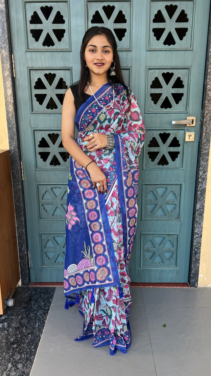 Royal Blue Premium Lilan Cotton Digital Floral Print Traditional Artwork Saree