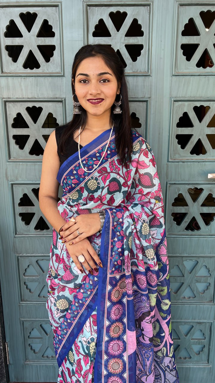 Royal Blue Premium Lilan Cotton Digital Floral Print Traditional Artwork Saree