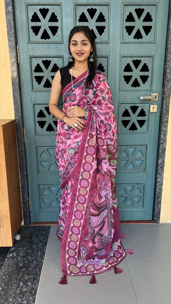 Wine Premium Lilan Cotton Digital Floral Print Traditional Artwork Saree