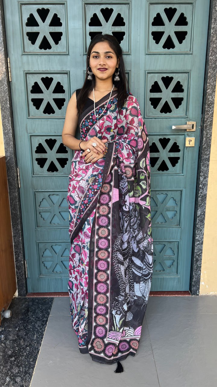 Black Premium Lilan Cotton Digital Floral Print Traditional Artwork Saree