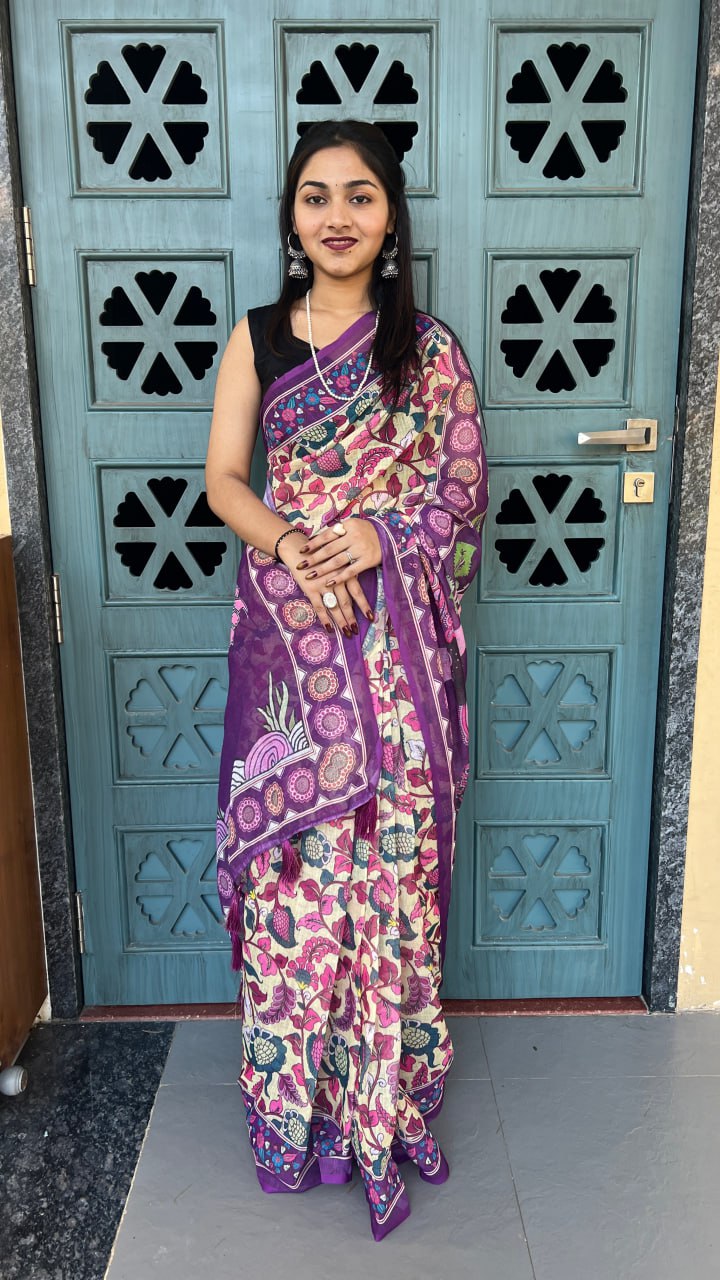 Purple Premium Lilan Cotton Digital Floral Print Traditional Artwork Saree
