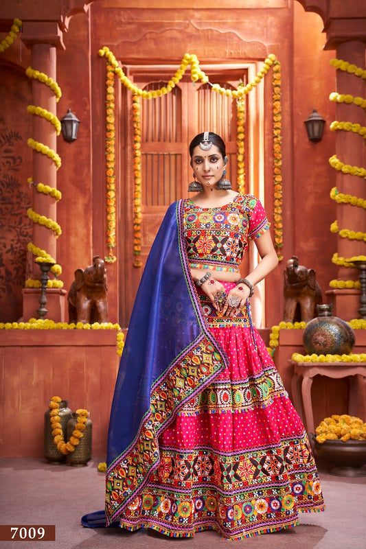 Rani Rajwadi Mix Cotton Silk Bandhni Print With Gamti Real Mirror Navratri Lehenga Choli
