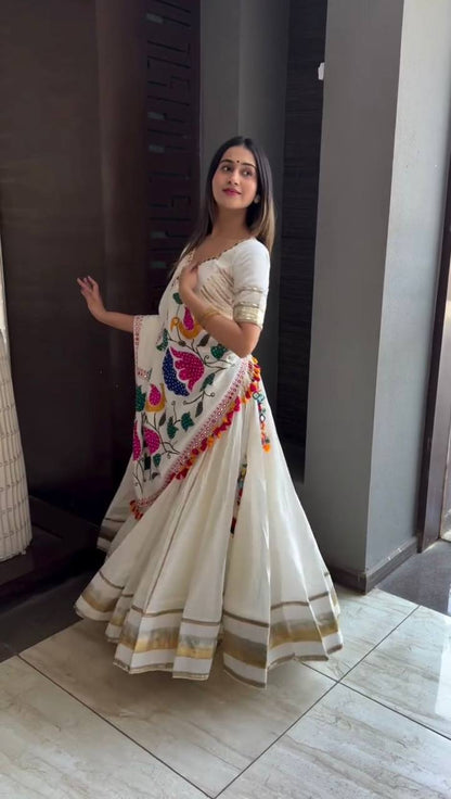 White Cotton Embroidery With Mirror Work Embroidery With Mirror Work Navratri Lehenga Choli