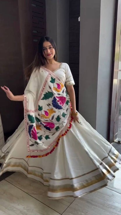 White Cotton Embroidery With Mirror Work Embroidery With Mirror Work Navratri Lehenga Choli