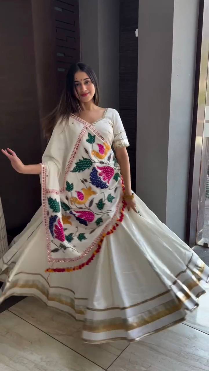 White Cotton Embroidery With Mirror Work Embroidery With Mirror Work Navratri Lehenga Choli