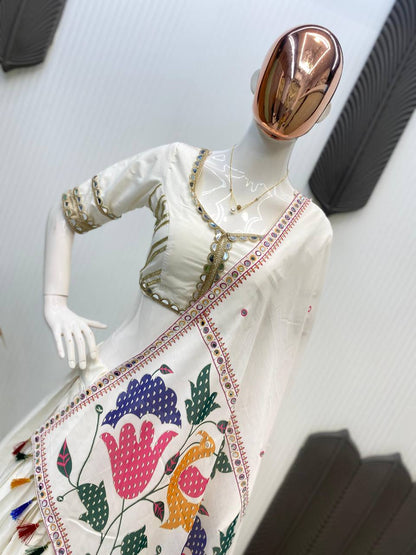 White Cotton Embroidery With Mirror Work Embroidery With Mirror Work Navratri Lehenga Choli