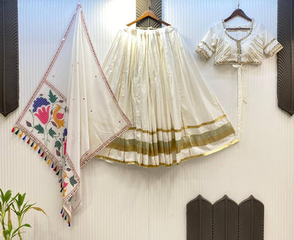 White Cotton Embroidery With Mirror Work Embroidery With Mirror Work Navratri Lehenga Choli