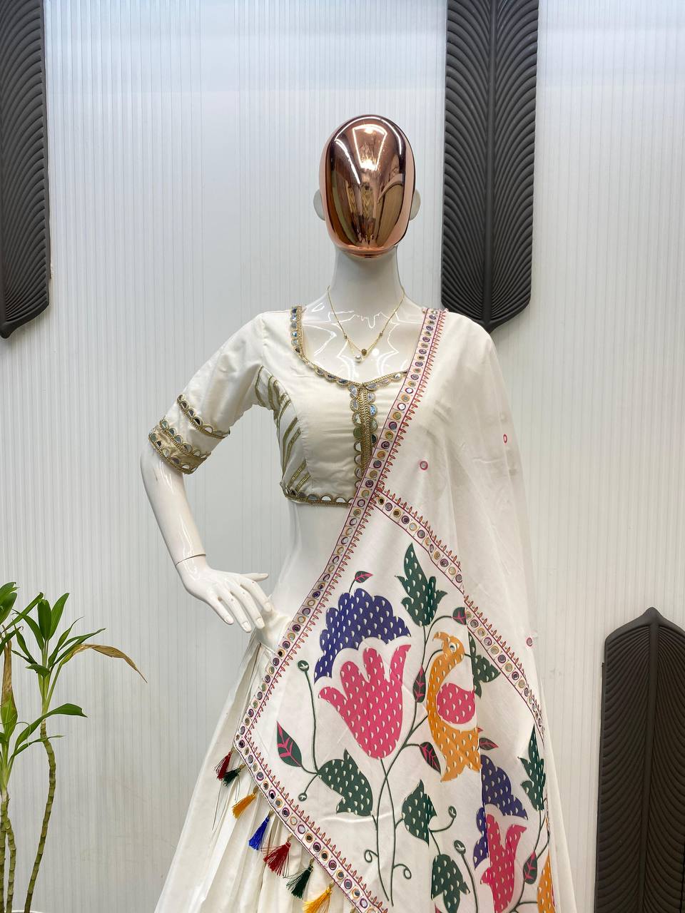 White Cotton Embroidery With Mirror Work Embroidery With Mirror Work Navratri Lehenga Choli