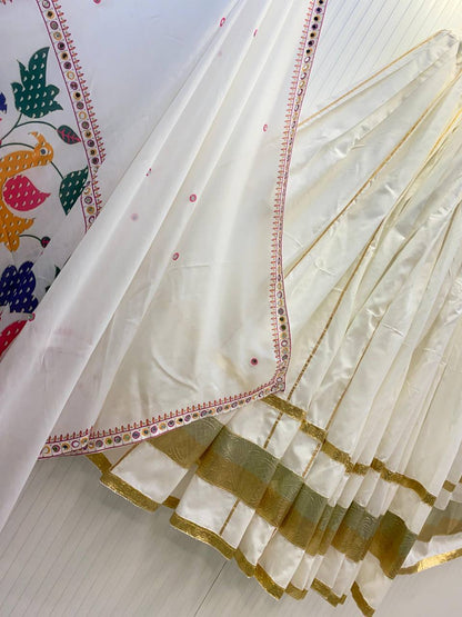 White Cotton Embroidery With Mirror Work Embroidery With Mirror Work Navratri Lehenga Choli