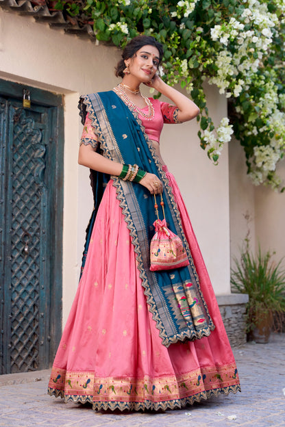 Light Pink Paithani Silk Zari Weaving Work With Sequins Lehenga Choli