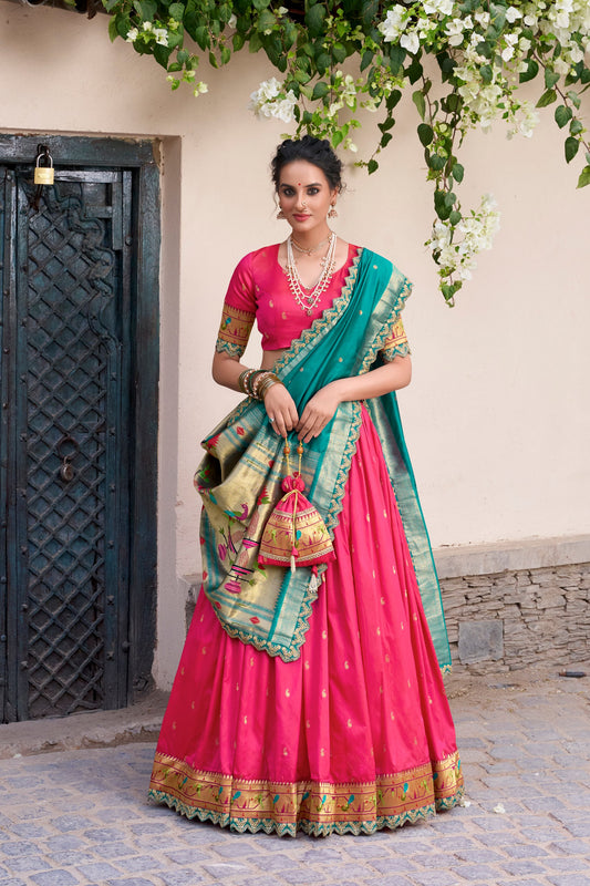 Pink Paithani Silk Zari Weaving Work With Sequins Lehenga Choli