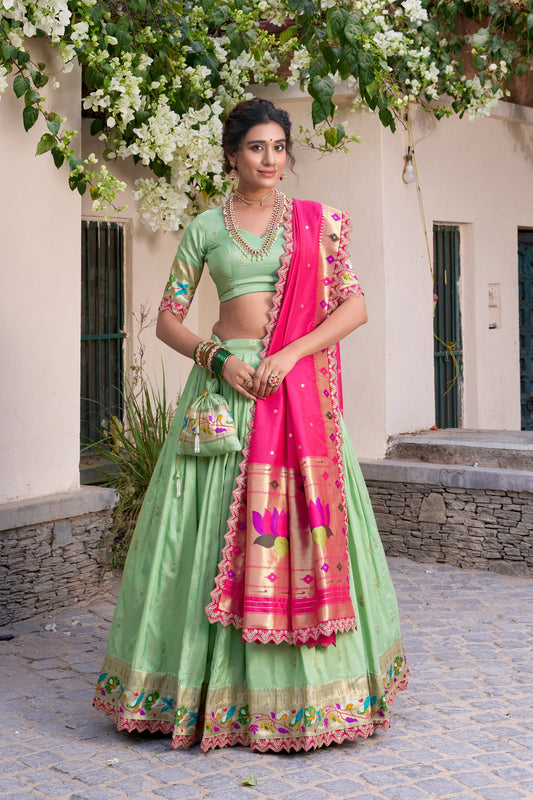 Pista Paithani Silk Zari Weaving Work With Sequins Lehenga Choli