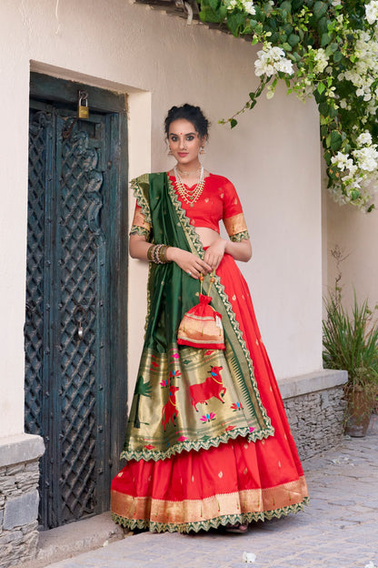 Red Paithani Silk Zari Weaving Work With Sequins Lehenga Choli