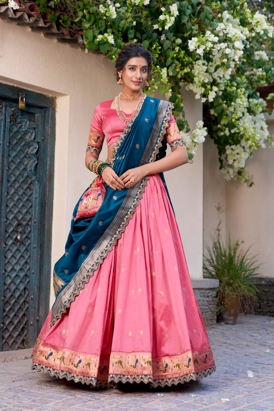 Light Pink Paithani Silk Zari Weaving Work With Sequins Lehenga Choli