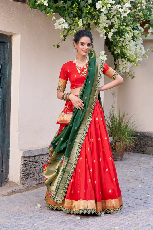Red Paithani Silk Zari Weaving Work With Sequins Lehenga Choli