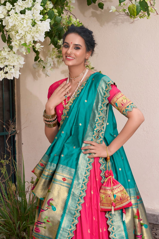 Pink Paithani Silk Zari Weaving Work With Sequins Lehenga Choli