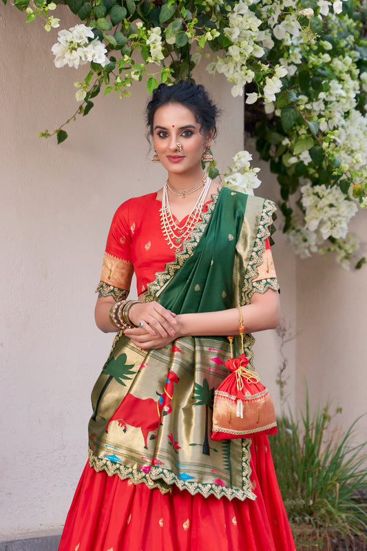 Red Paithani Silk Zari Weaving Work With Sequins Lehenga Choli