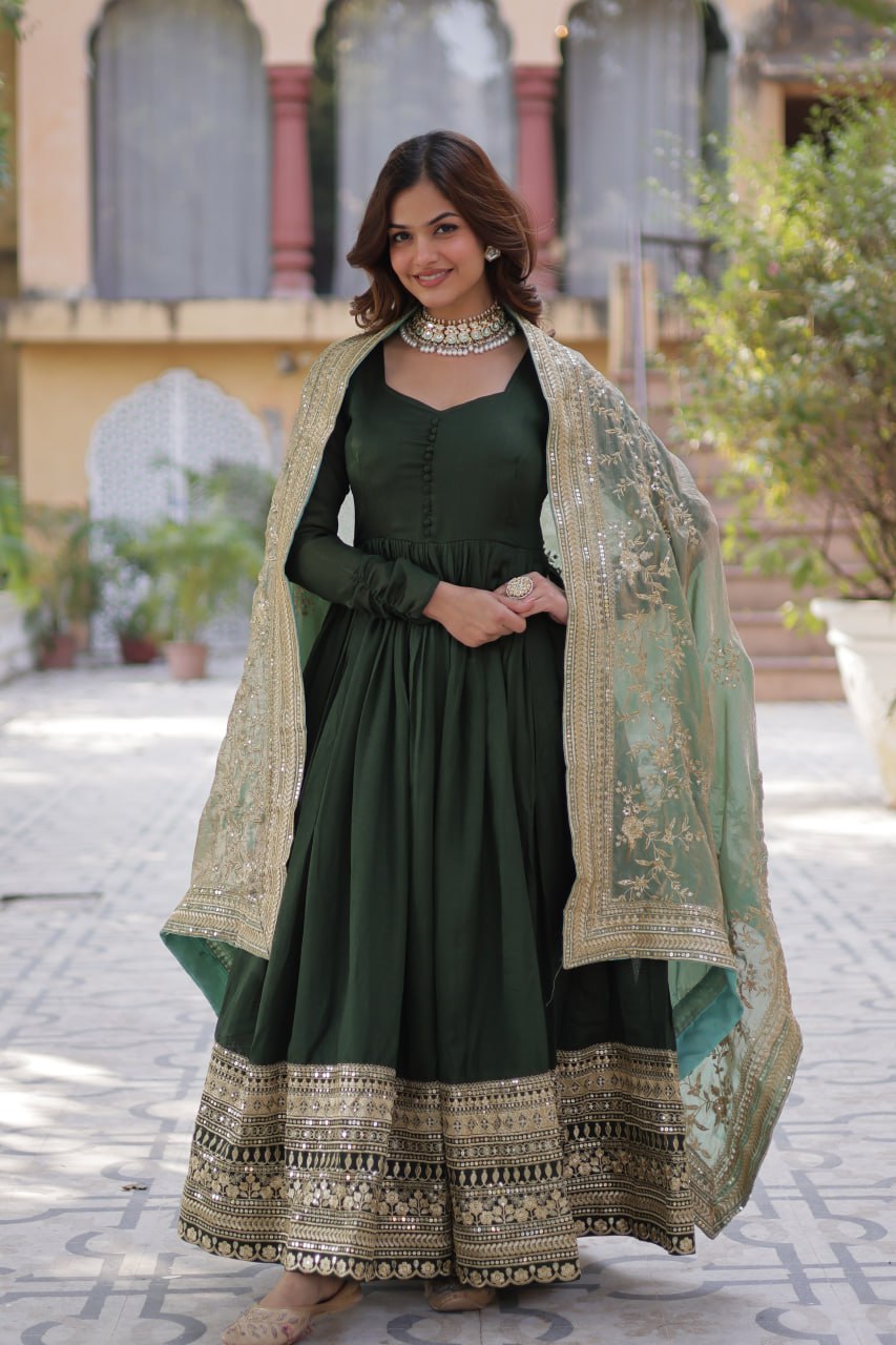 Dark Green Shimmer Vichitra With Rich Sequins Embroidered Work Gown