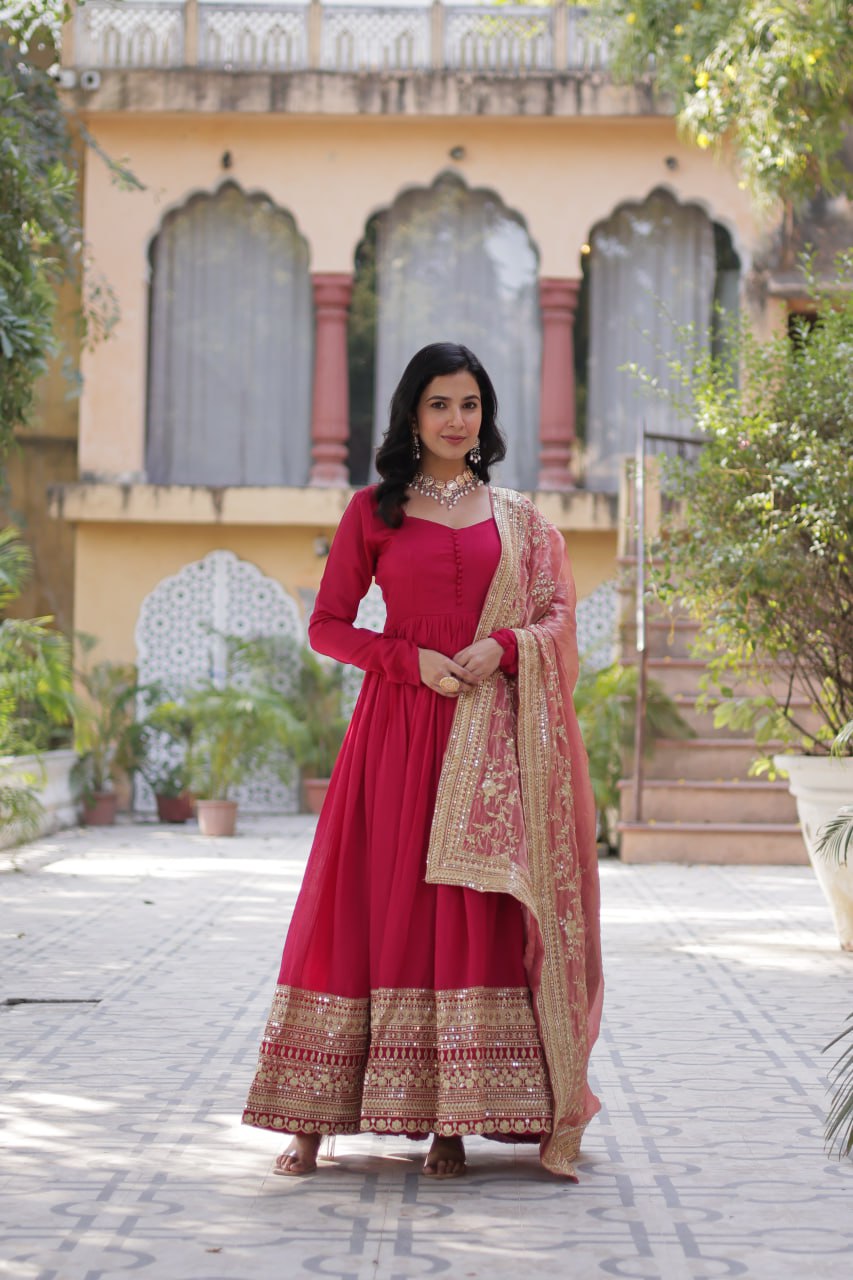 Pink Shimmer Vichitra With Rich Sequins Embroidered Work Gown