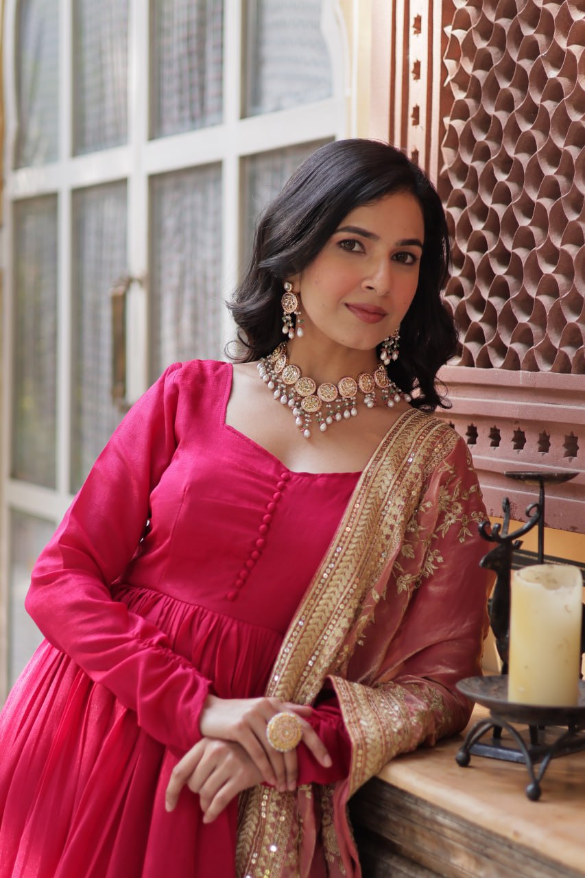 Pink Shimmer Vichitra With Rich Sequins Embroidered Work Gown