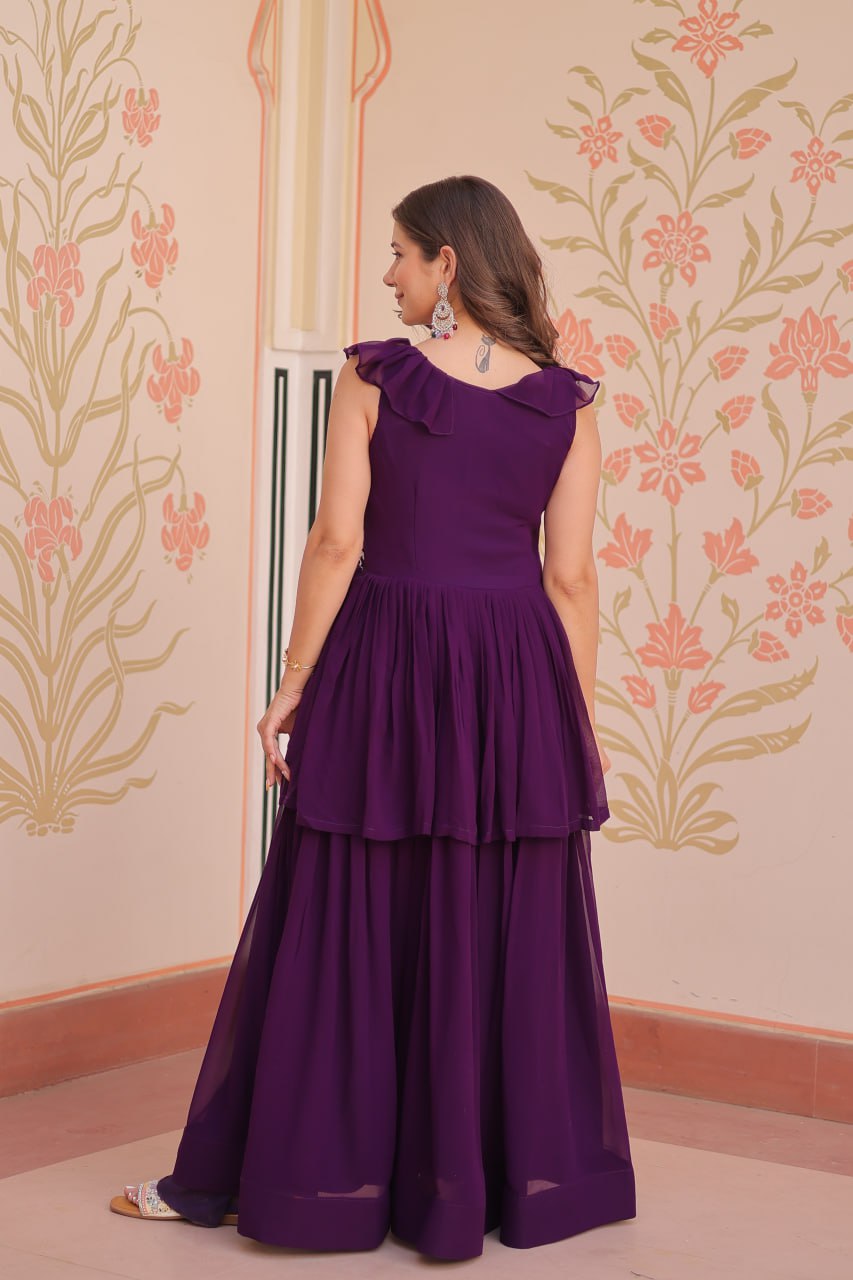 Purple Faux Blooming With Beads Embroidered Work Gown