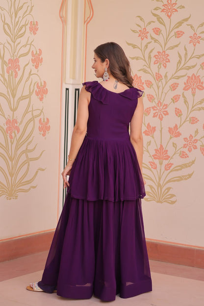 Purple Faux Blooming With Beads Embroidered Work Gown