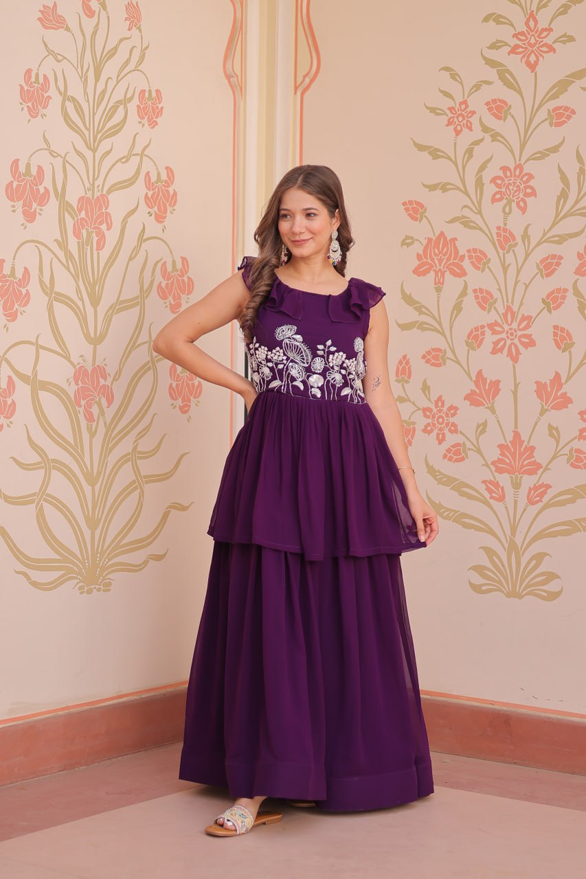 Purple Faux Blooming With Beads Embroidered Work Gown