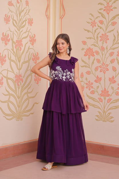 Purple Faux Blooming With Beads Embroidered Work Gown