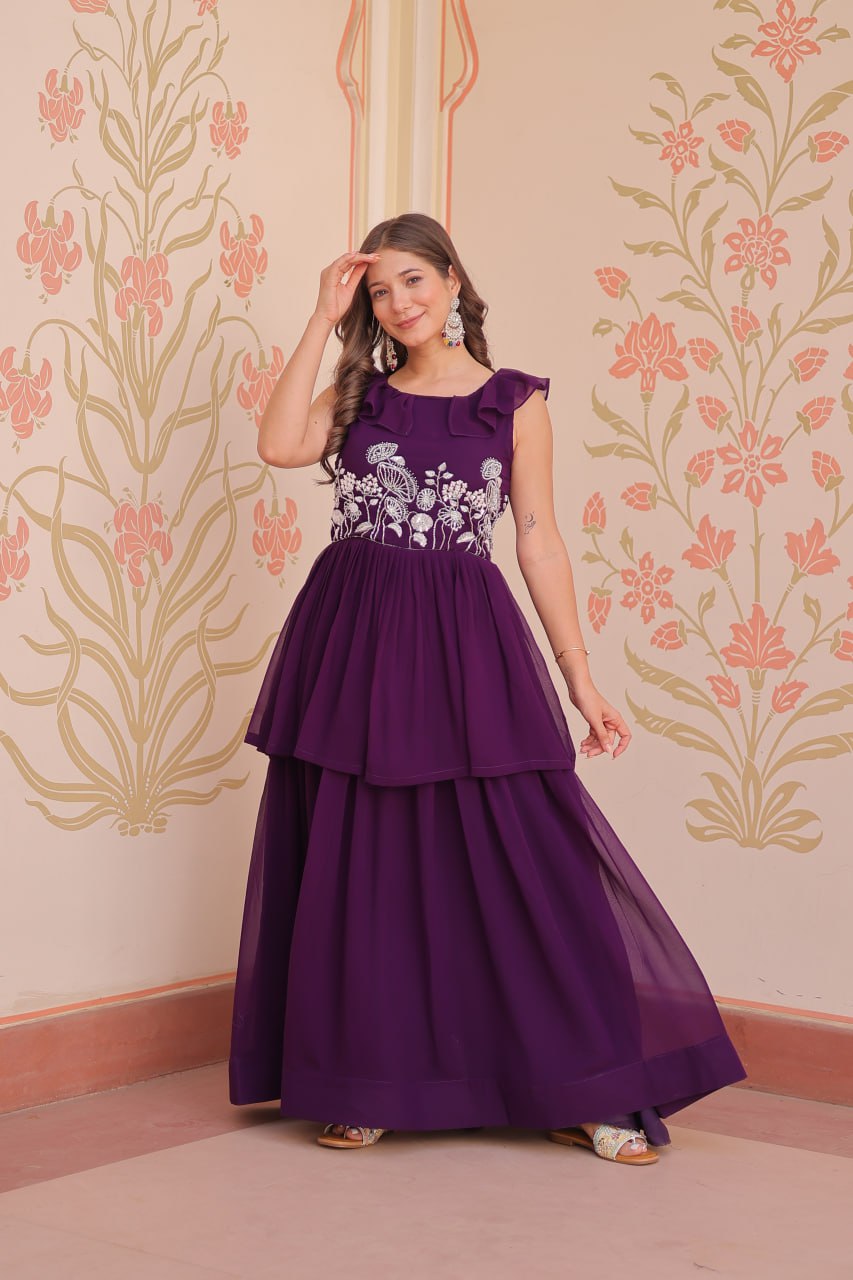 Purple Faux Blooming With Beads Embroidered Work Gown