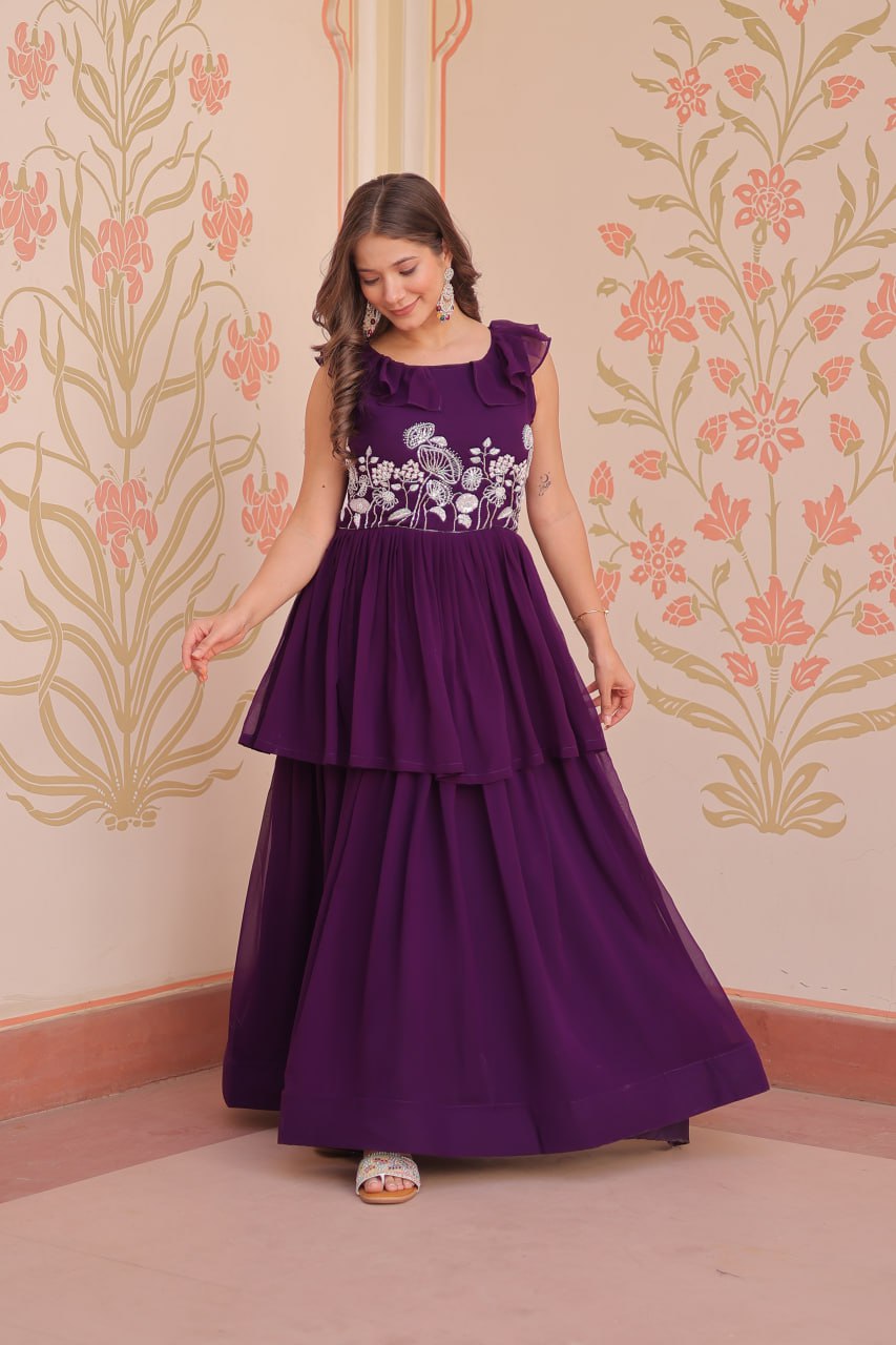Purple Faux Blooming With Beads Embroidered Work Gown