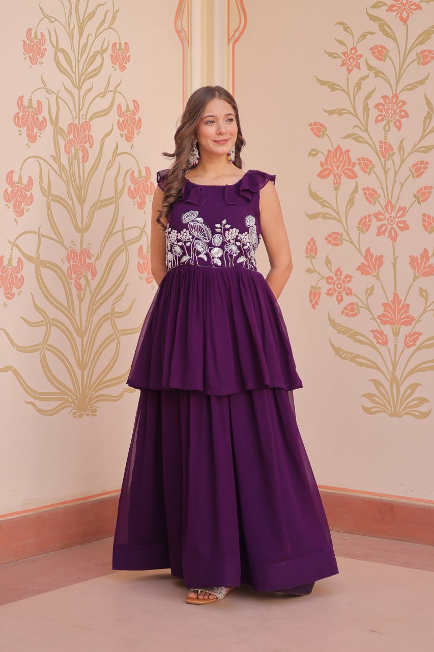 Purple Faux Blooming With Beads Embroidered Work Gown
