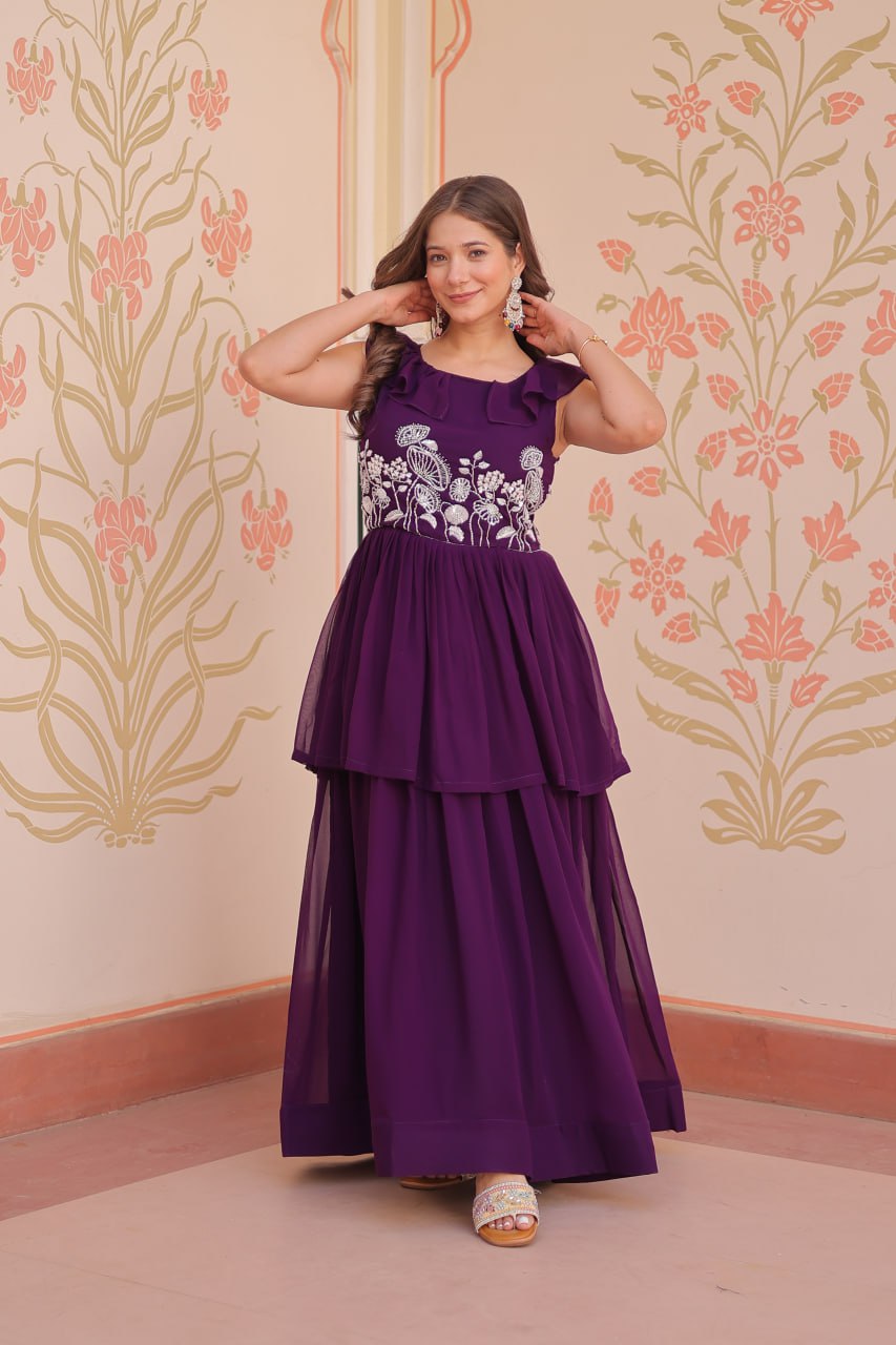 Purple Faux Blooming With Beads Embroidered Work Gown