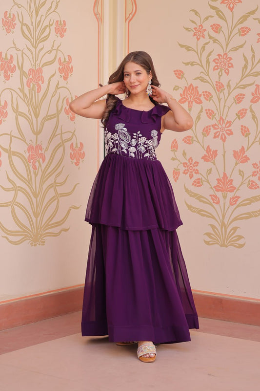 Purple Faux Blooming With Beads Embroidered Work Gown