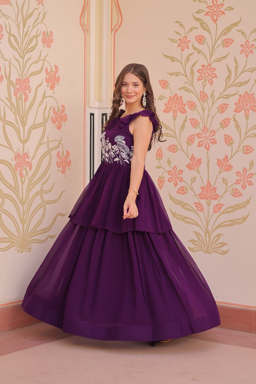 Purple Faux Blooming With Beads Embroidered Work Gown